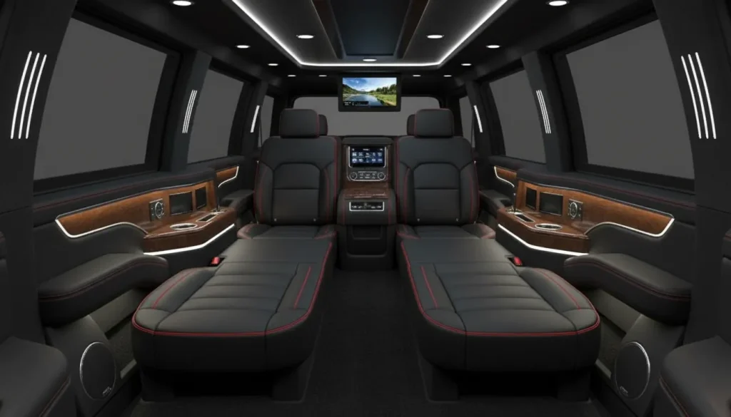 Stretched GMC Denali XL Limousine back side interior