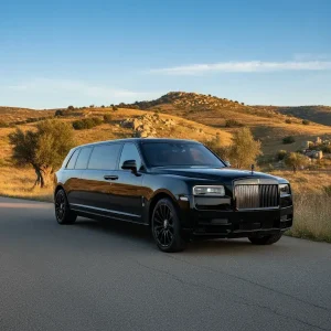 Black Rolls-Royce Cullinan Limousine running on hills.