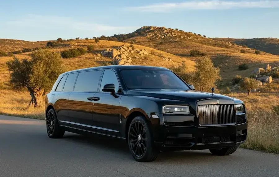 Black Rolls-Royce Cullinan Limousine running on hills.
