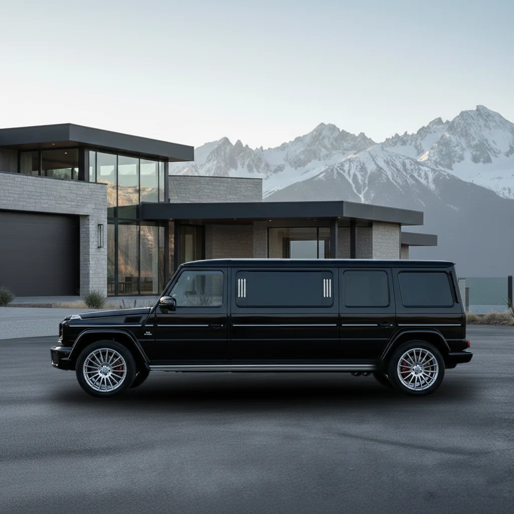 Black Mercedes G-Wagon G550 limousine parked in front of a modern house with mountains in the background, showcasing luxury and customization options for clients at Big Limos.