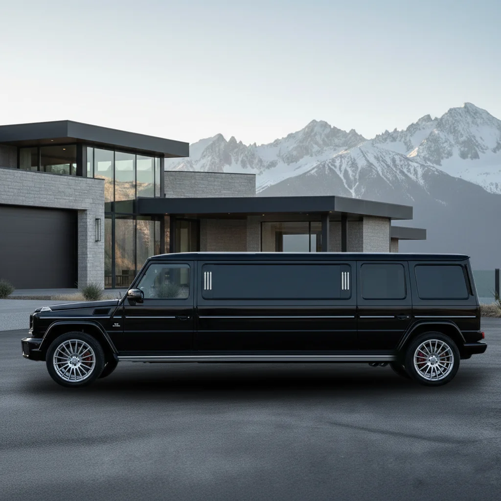 Mercedes G-Wagon G550 limousine in a sleek black finish, showcasing a luxurious stretch design, set against a modern architectural backdrop with mountains in the distance.