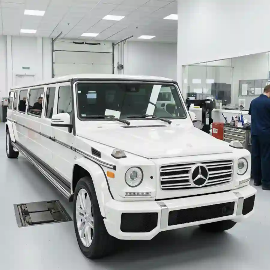 White Mercedes G-Wagon G550 limousine in a vehicle customization workshop, showcasing luxury design and spacious interior options for client configurations.