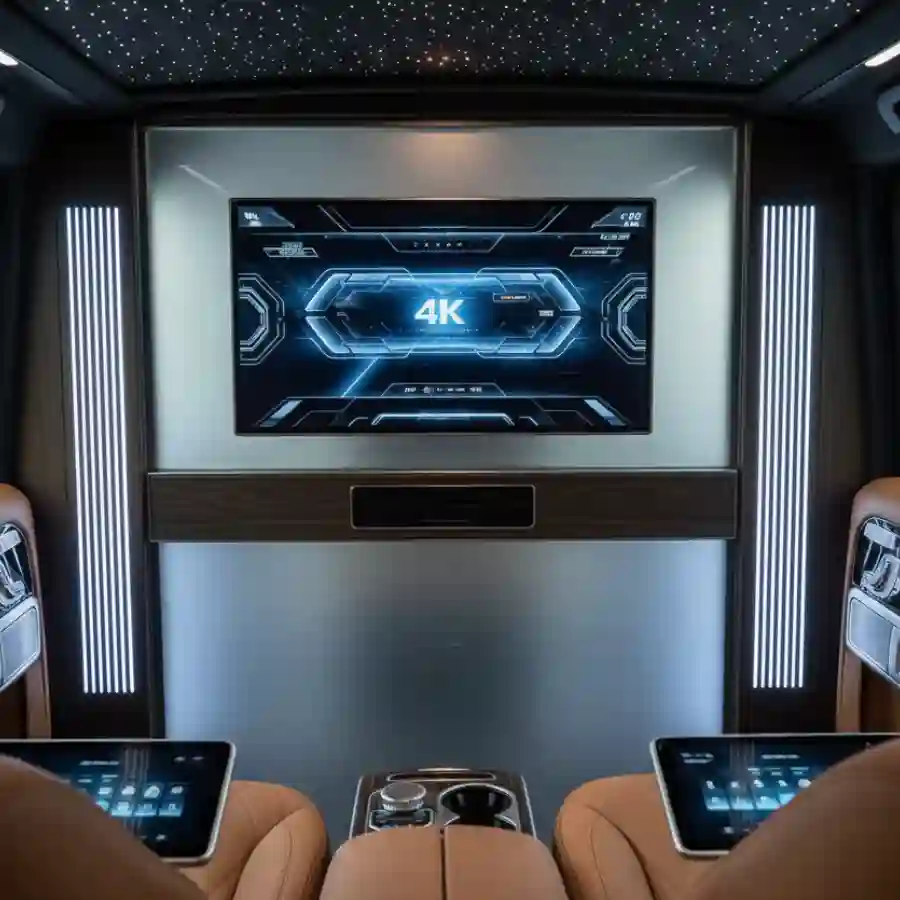 Luxury Mercedes G-Wagon G550 interior featuring a 4K multimedia screen, ambient lighting, and high-end seating for limousine customization.