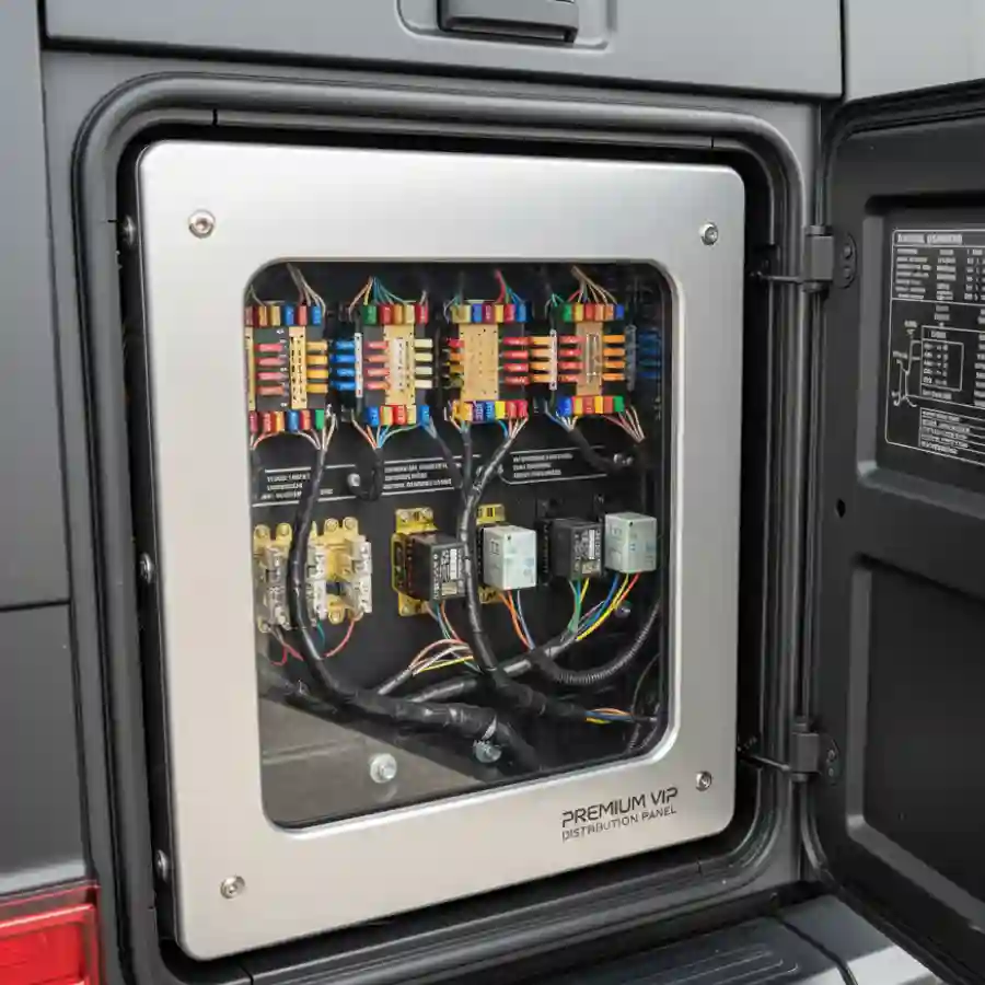 Premium VIP distribution panel with fuses and relays in a Mercedes G-Wagon G550 limousine, showcasing customization features for luxury vehicle configurations.