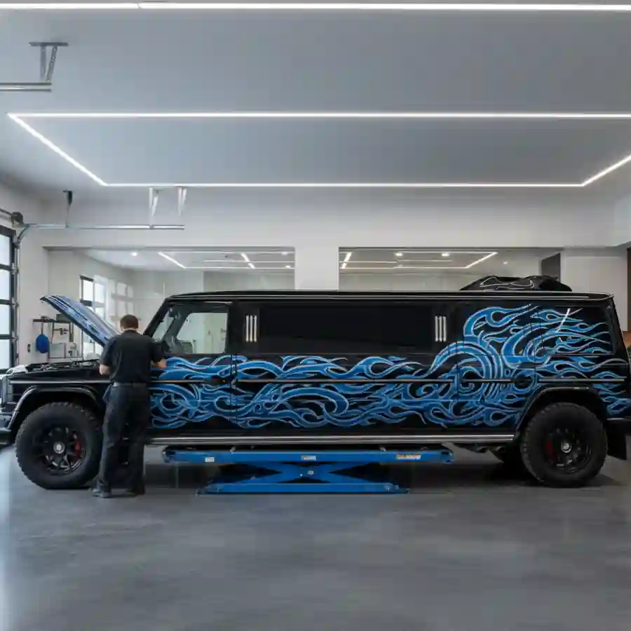 Mercedes G-Wagon G550 limousine with custom blue flame paint, mechanic working on engine, luxury vehicle customization setting.