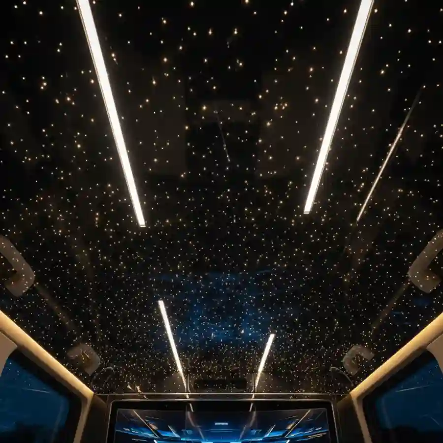 Luxury limousine interior ceiling with starry light effects and modern lighting design, showcasing customization options for the Mercedes G-Wagon G63 by Big Limos.