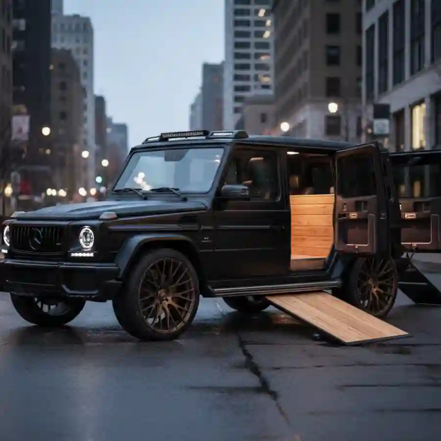 Mercedes G-Wagon G550 limousine with lowered floor and open doors, showcasing luxury customization options in urban setting.