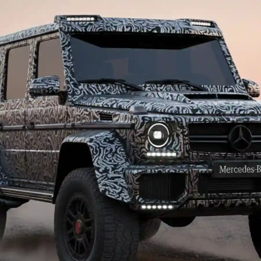 Mercedes 6x6 luxury vehicle with camouflage wrap, showcasing rugged design and high-end features for customizable limousine conversions by Big Limos.