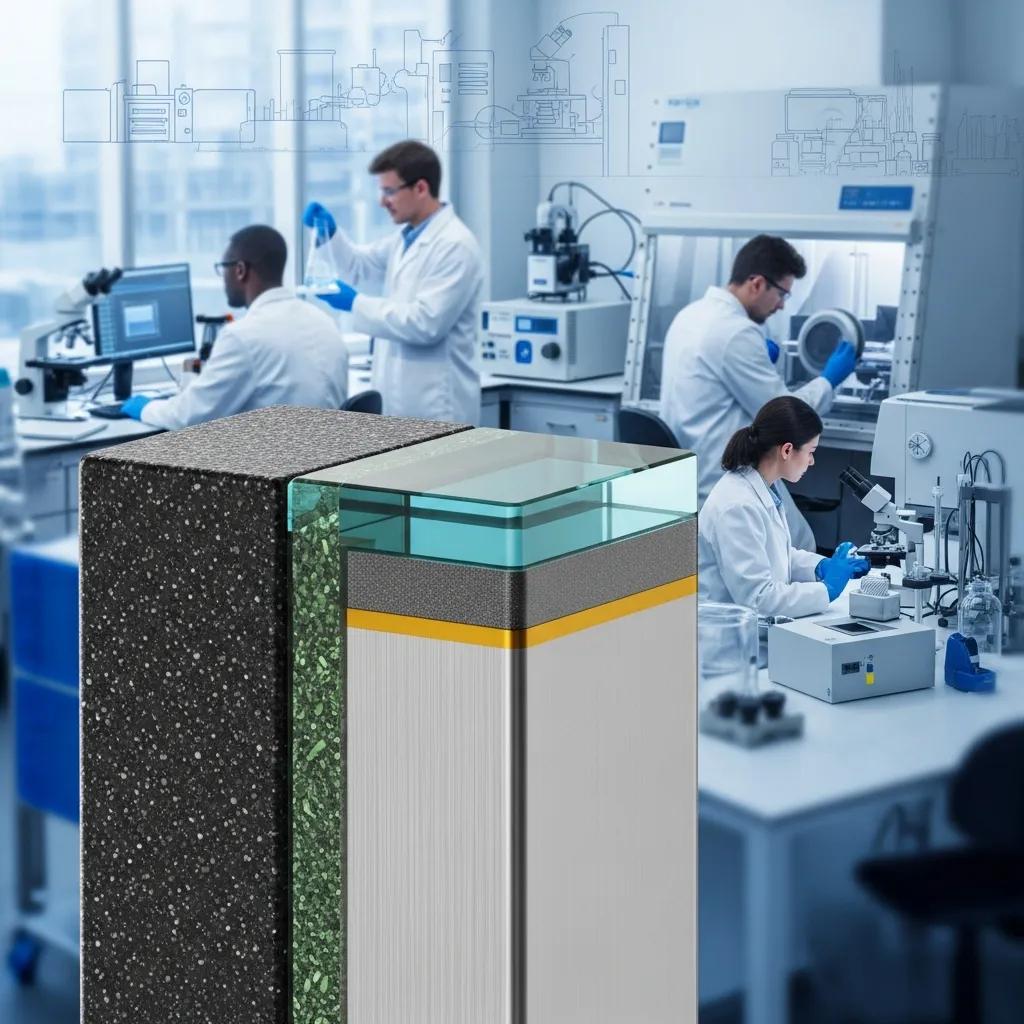 Close-up of a solid-state battery in a lab, representing advancements in battery technology