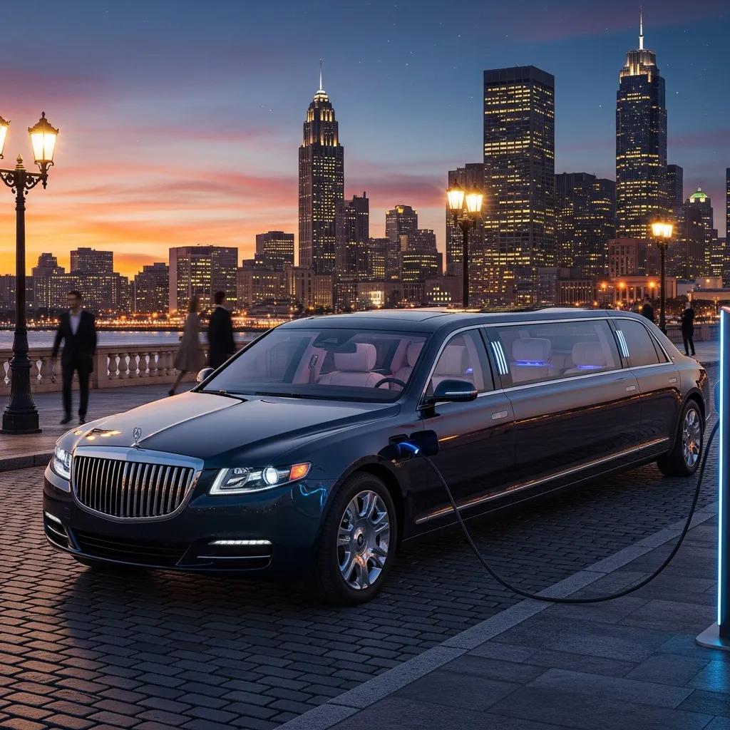 Luxury electric limousine in an urban setting, illustrating the impact of solid-state battery technology