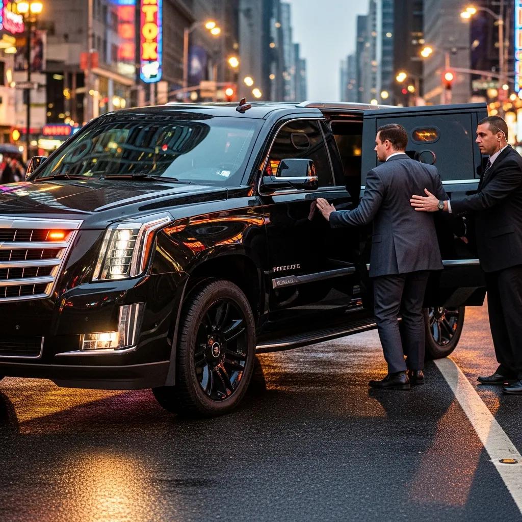 Armored vehicle in use for executive protection with security personnel