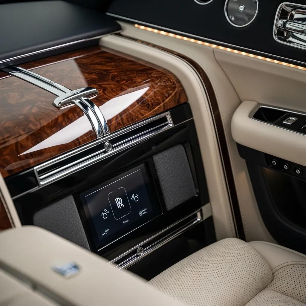 Close-up of premium materials in a Rolls Royce hearse, highlighting luxury and comfort features for a dignified service