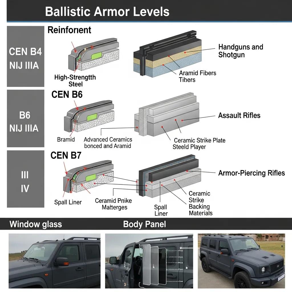 Comparison of ballistic armor levels for armored vehicles in executive protection