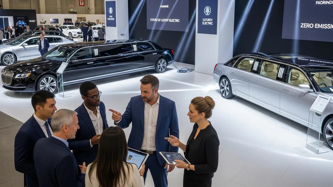 Industry professionals discussing electric limousines at an automotive expo