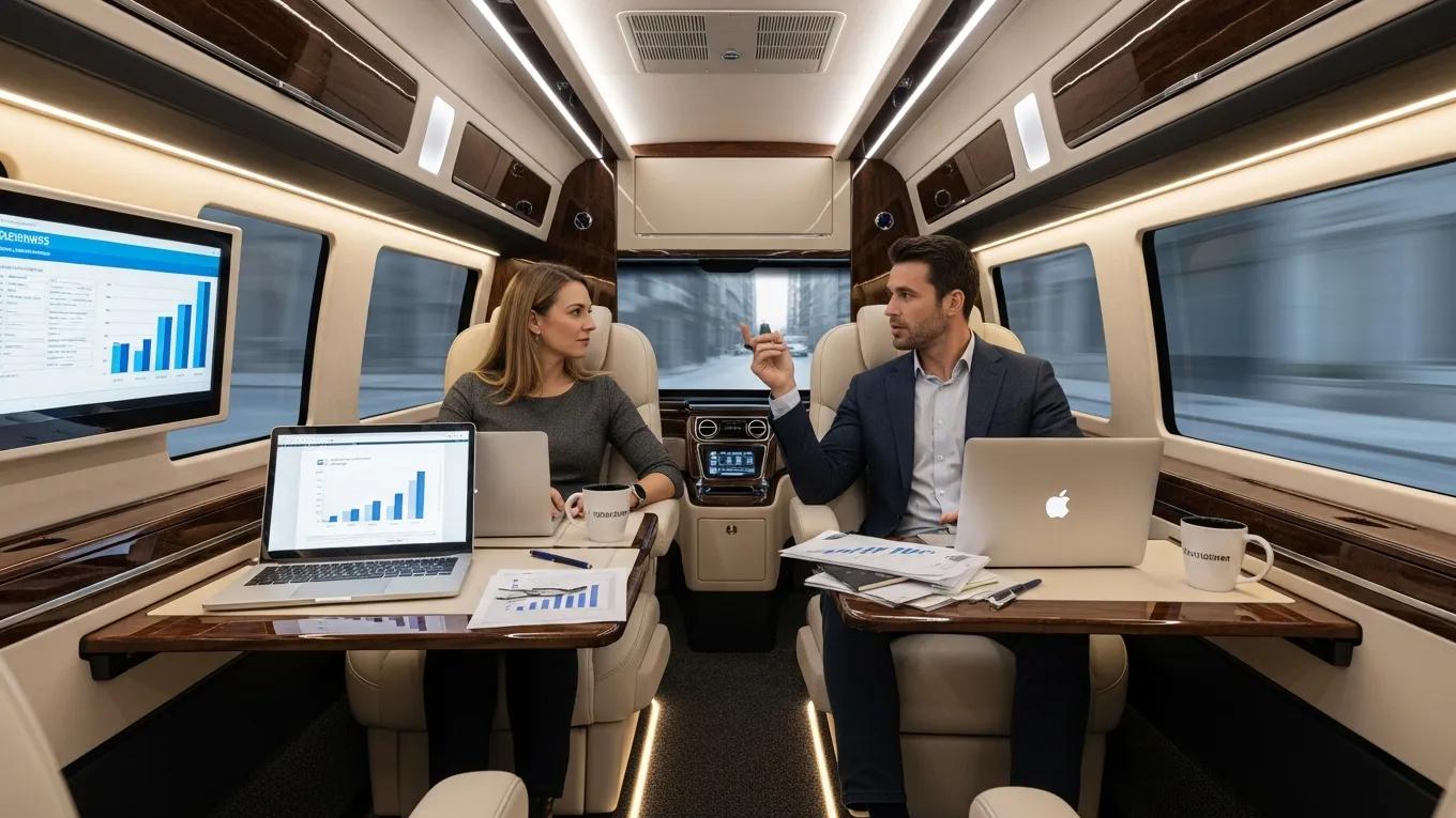Executives engaged in a coaching session inside a luxury mobile workspace vehicle