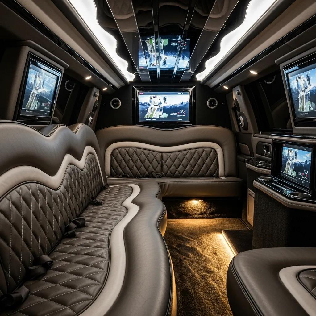 Interior of a bespoke luxury limousine showcasing high-quality materials and advanced technology