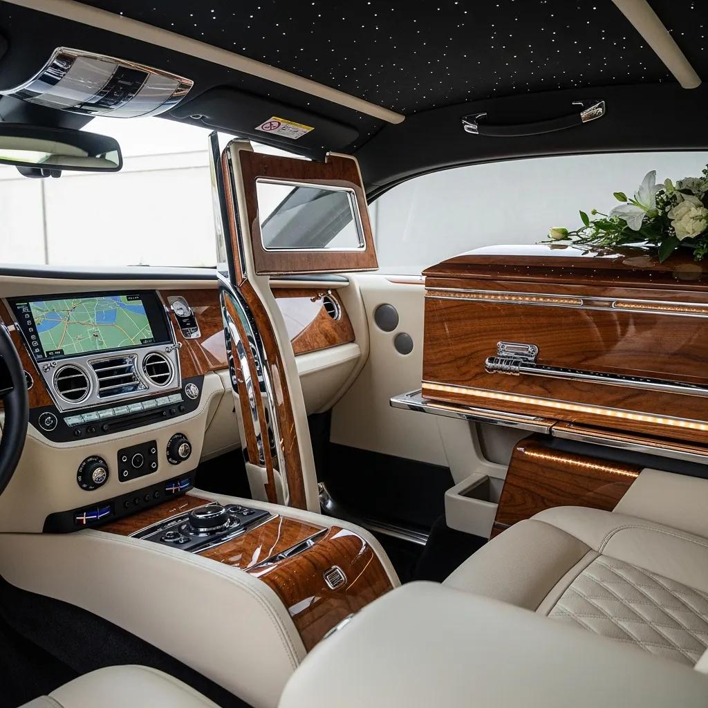 Interior of a custom Rolls Royce hearse, featuring luxurious upholstery and advanced technology for a dignified experience