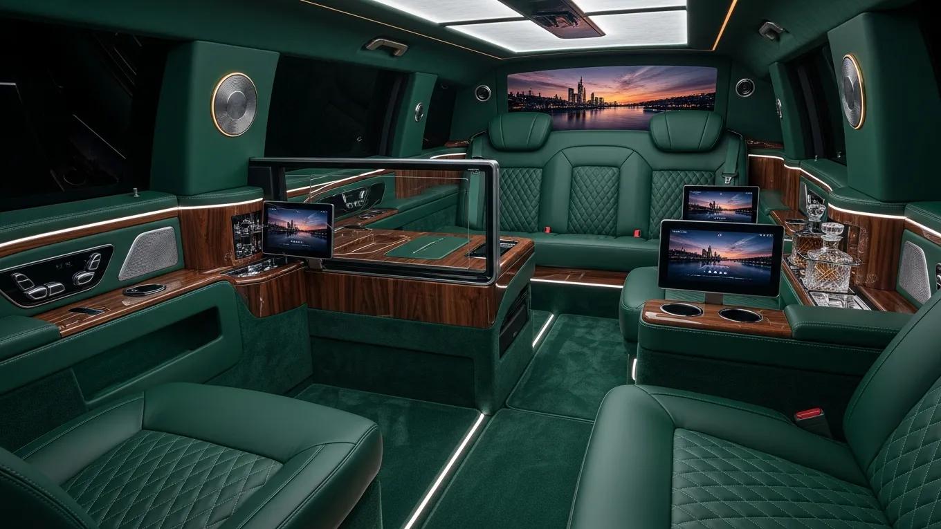 Custom electric limousine interior with premium finishes and ambient lighting