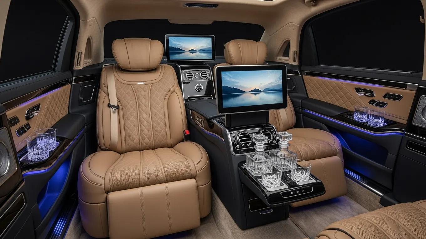 Interior of a long wheelbase luxury sedan designed for limousine services