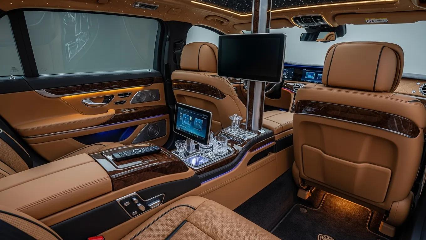Luxury sedan limo interior showing bespoke finishes and premium materials