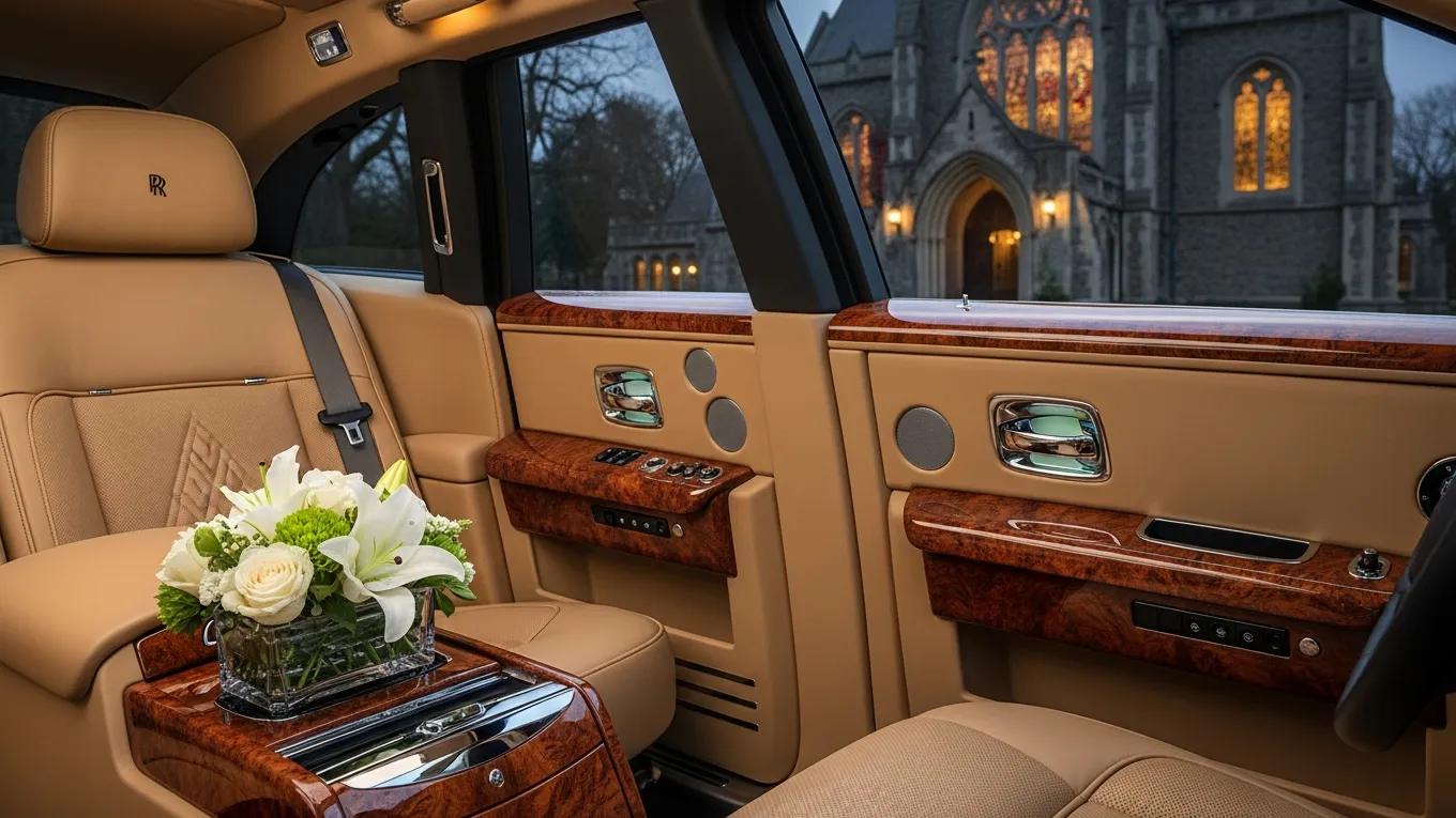 Interior of a Rolls Royce Phantom Hearse showcasing luxury and craftsmanship