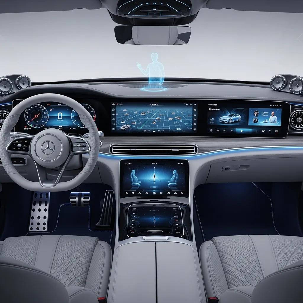 Luxury vehicle interior with advanced technology features and infotainment systems