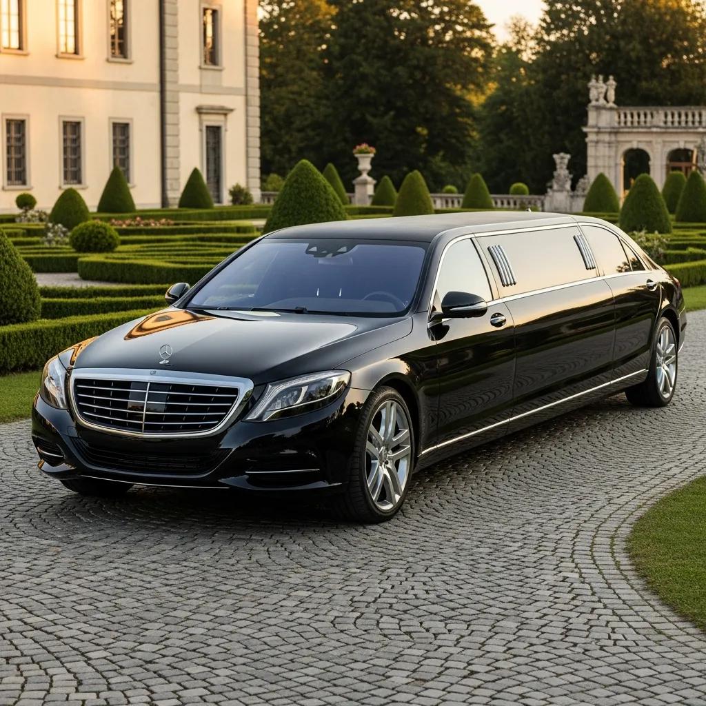 Mercedes-Benz S-Class stretch limousine in an elegant outdoor setting, highlighting luxury and customization