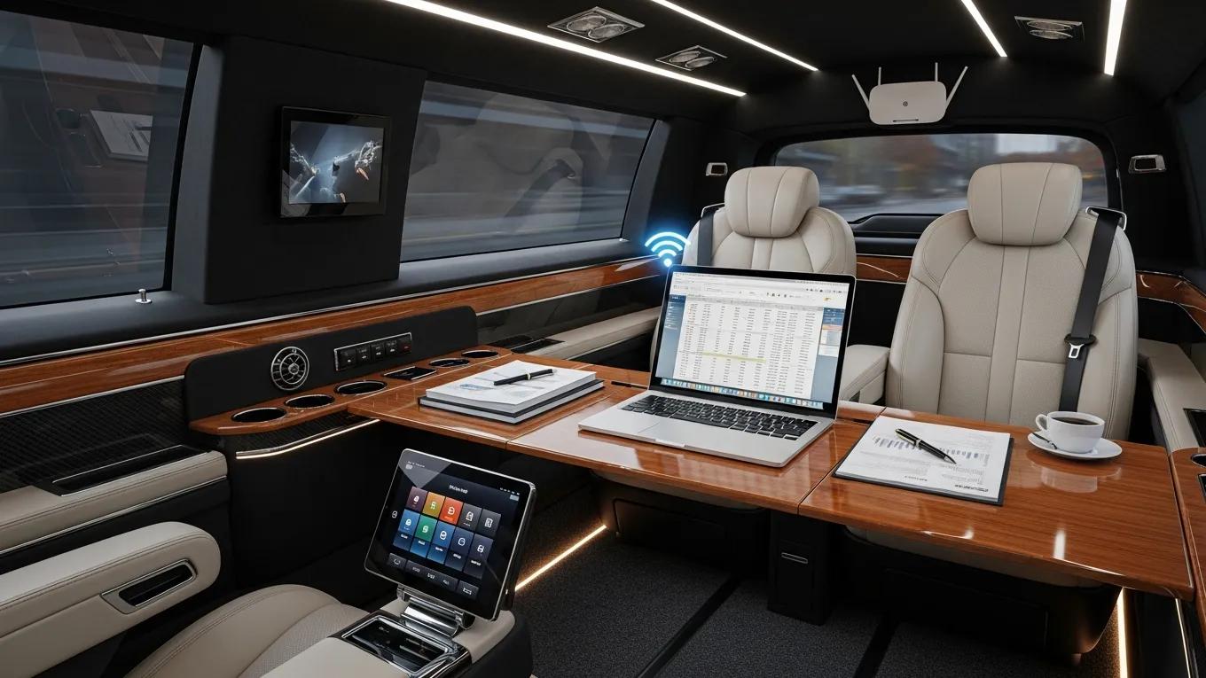 Mobile office limousine showcasing productivity-enhancing workspace amenities