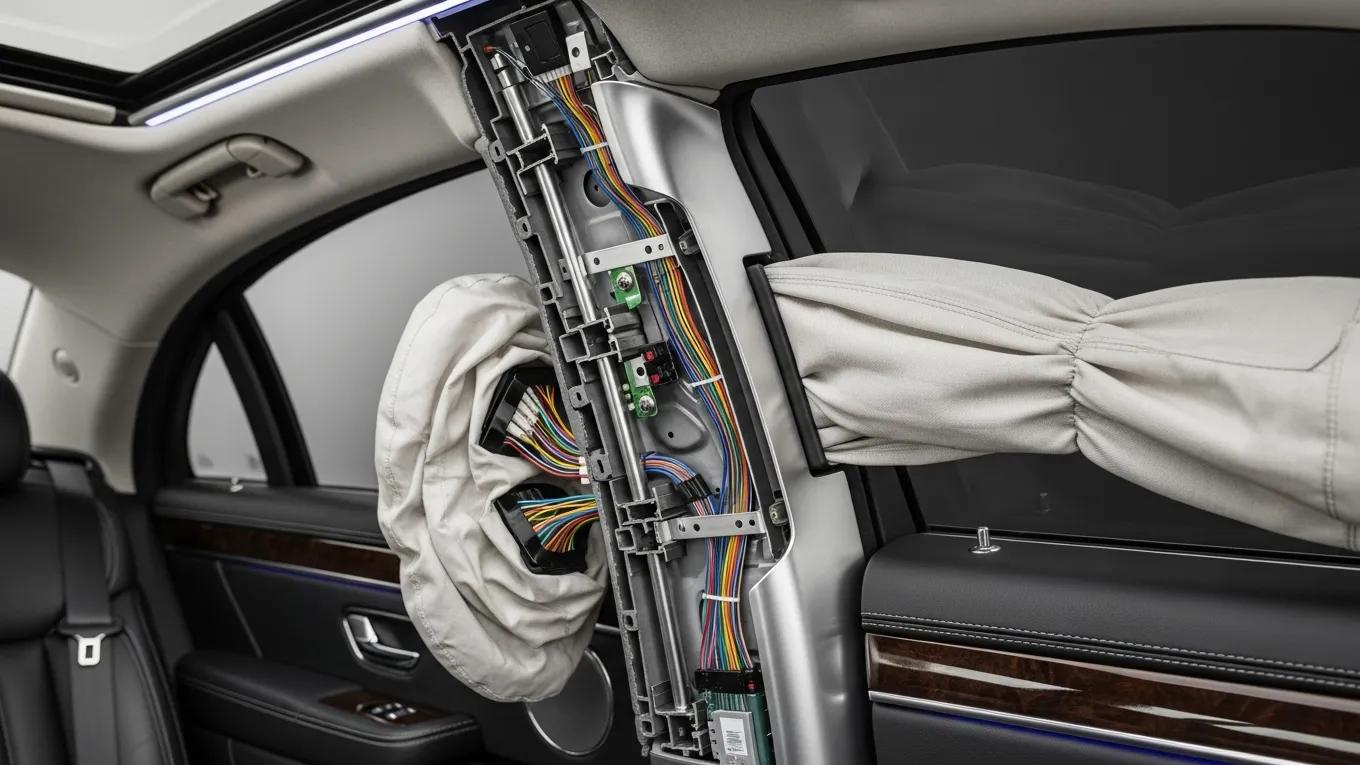 Advanced safety features in a luxury limousine, emphasizing compliance with safety regulations