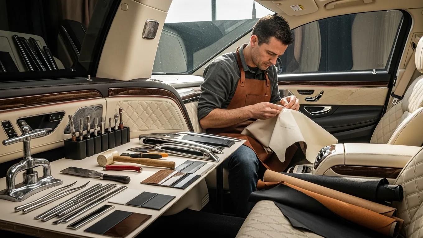 Craftsperson fitting bespoke details inside a Mercedes‑Benz S‑Class limousine