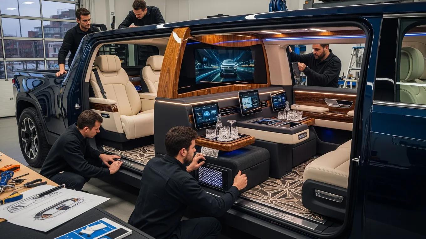 Artisans customizing a Rivian R1T into a luxury limousine, showcasing innovative design and craftsmanship