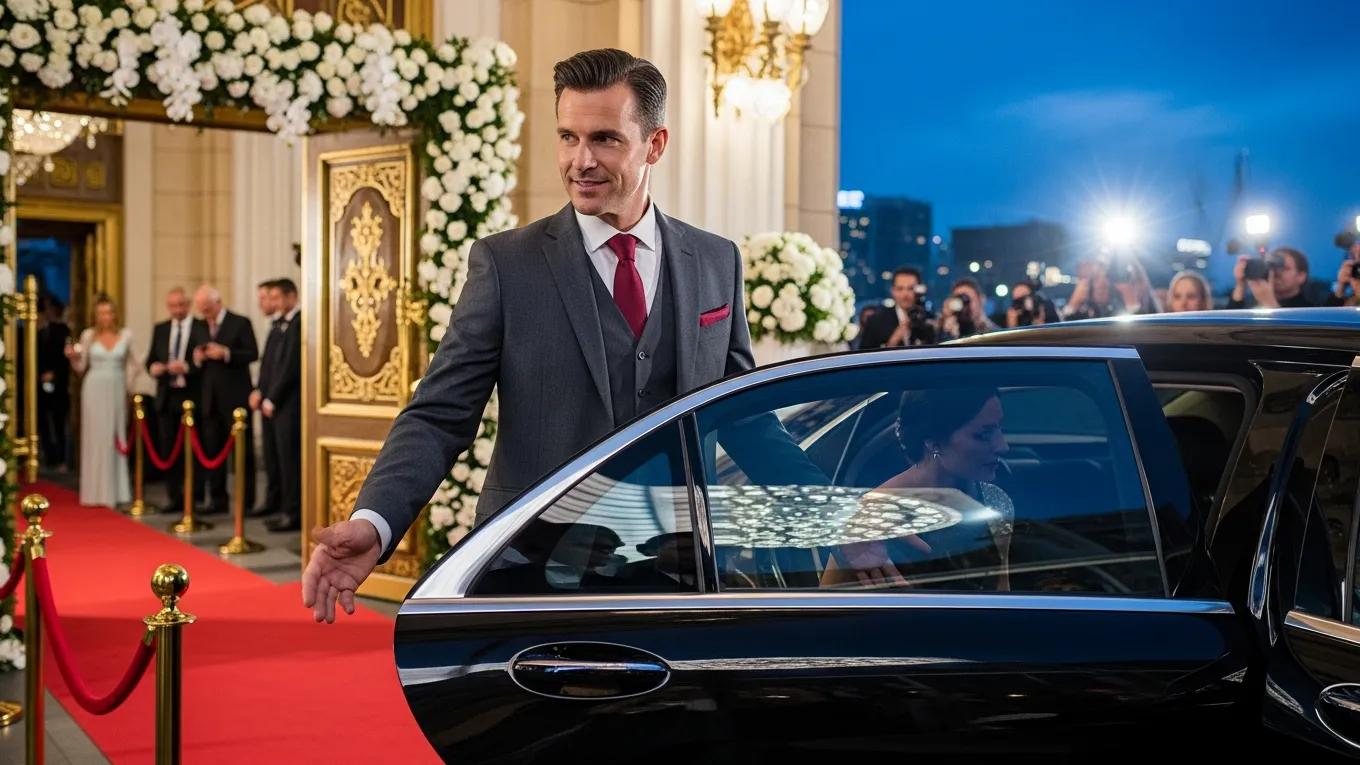 Chauffeur assisting a client at a luxury event with a 2025 Mercedes-Benz S-Class limousine, highlighting premium service