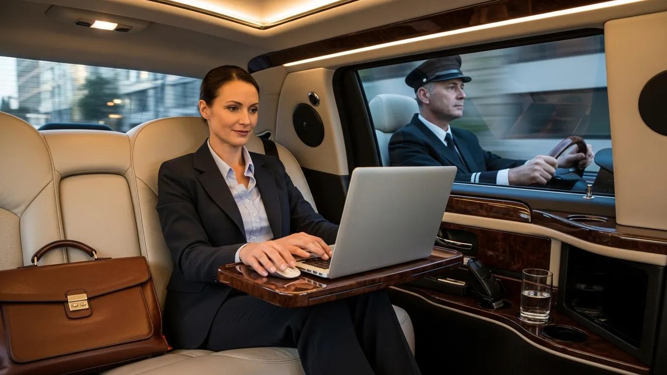 Corporate client working comfortably inside a luxury limousine, highlighting professionalism and convenience