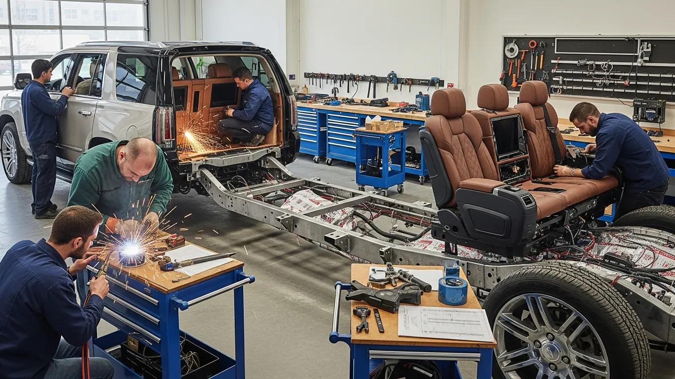 Craftsmen elevating a regular SUV into a luxury stretch limousine during the conversion process