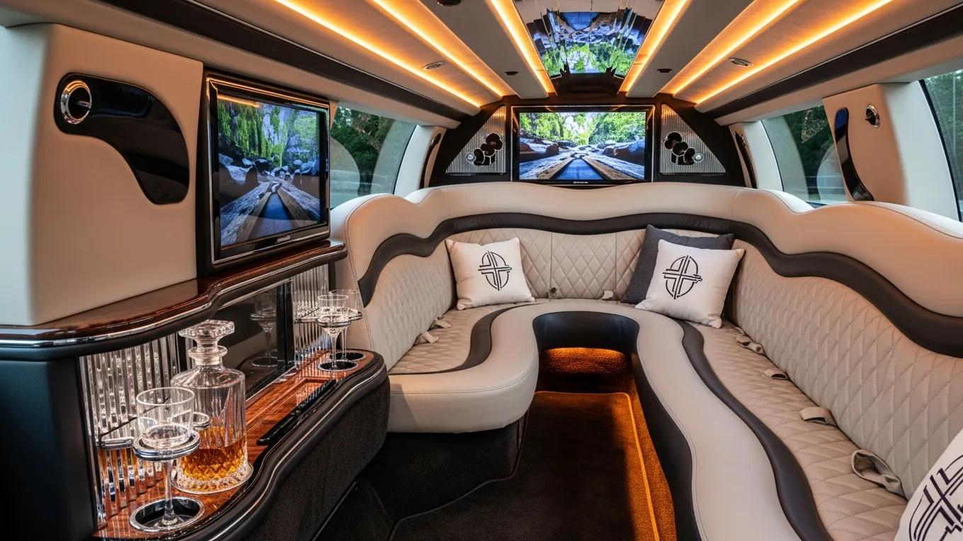 Customized interior of a Lincoln Continental limousine showcasing premium materials and bespoke design details