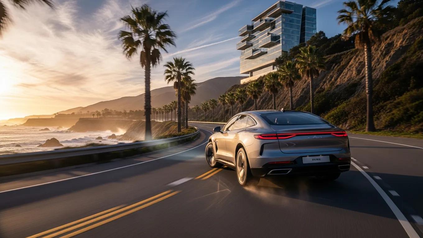 Electric luxury vehicle illustrating performance and eco-friendly technology on a scenic route