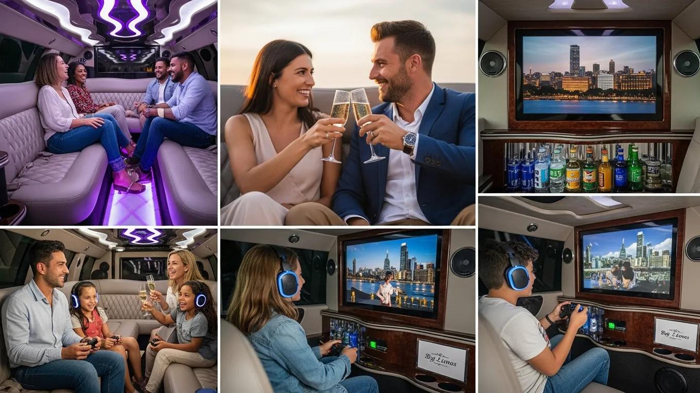 Happy customers inside a luxurious custom limousine, showcasing the positive experiences and testimonials for Big Limos