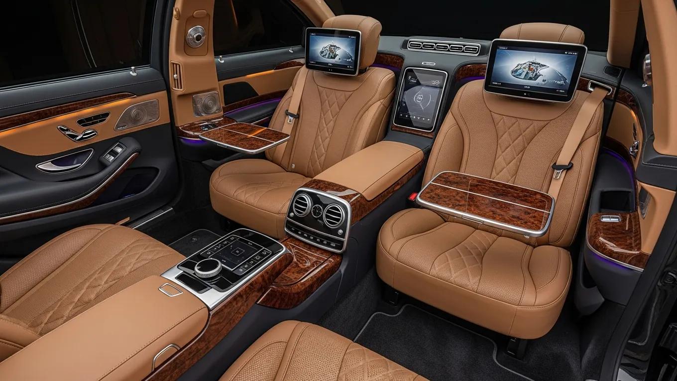 Interior of a bespoke 2025 Mercedes-Benz S-Class limousine showcasing luxury craftsmanship and innovative features