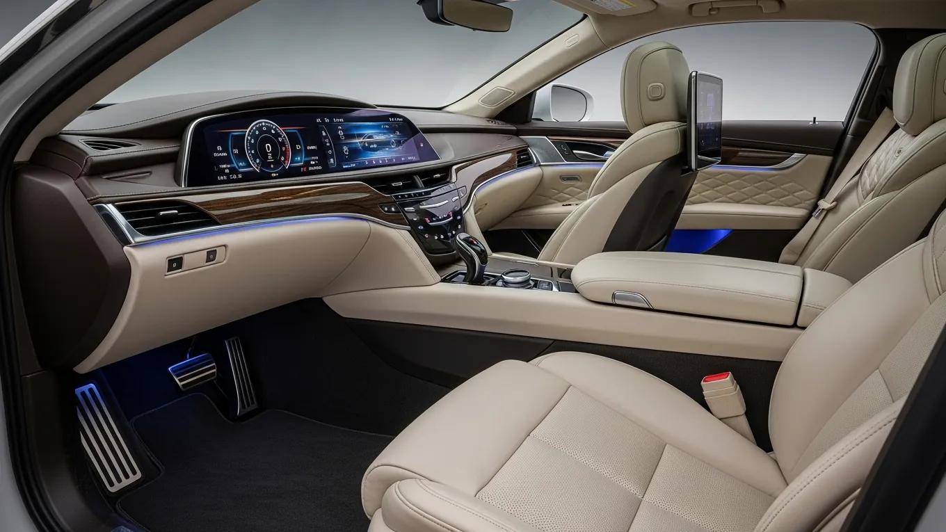 Cadillac long-wheelbase luxury sedan interior showcasing premium materials and modern technology