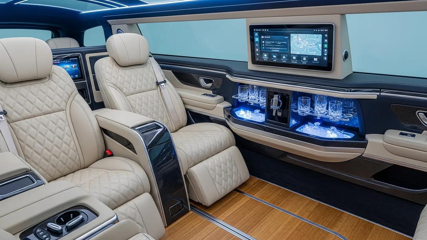 Interior of a custom electric limousine featuring luxury amenities and sustainable finishes