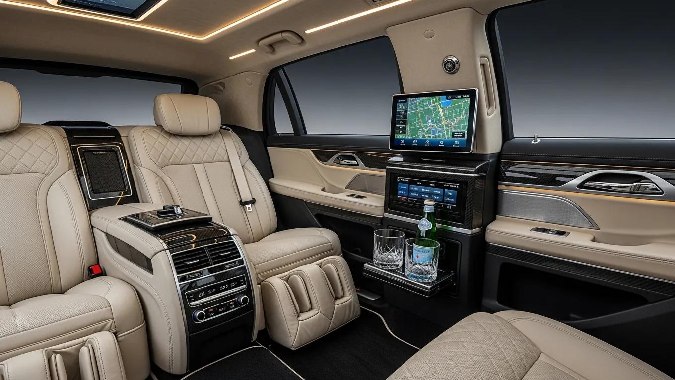 Interior of a luxury armored limousine featuring plush seating and advanced technology