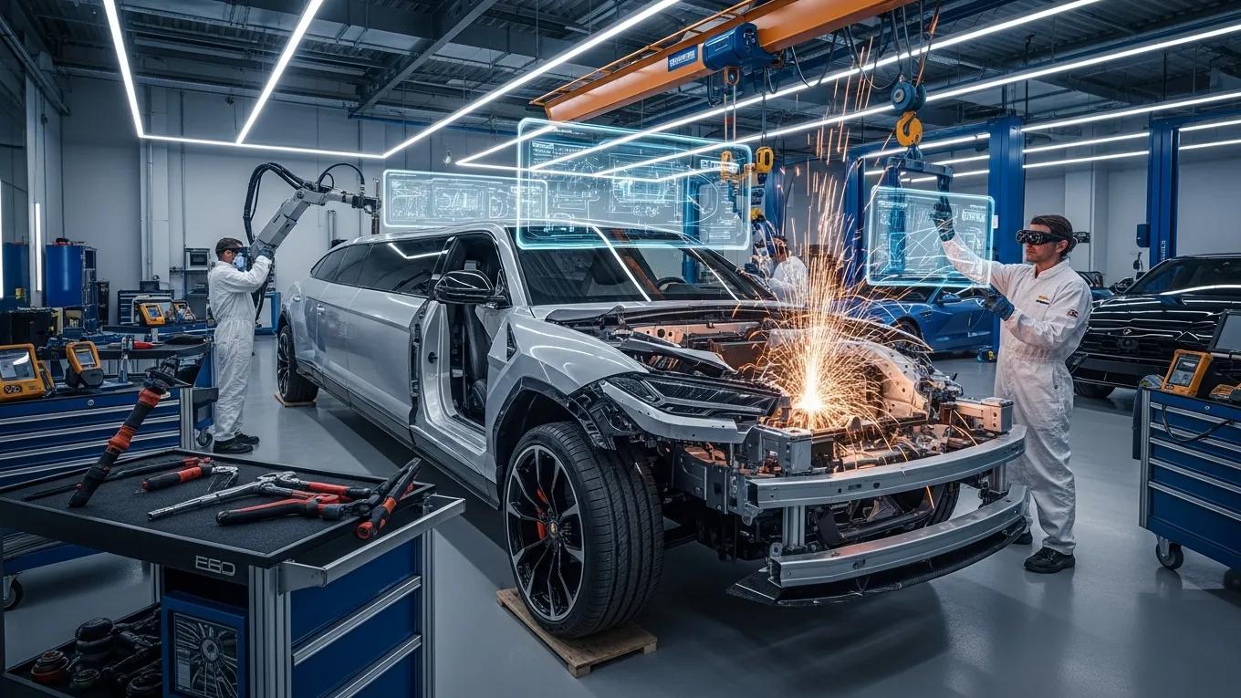 Lamborghini Urus limousine in a workshop, showcasing engineering modifications and craftsmanship
