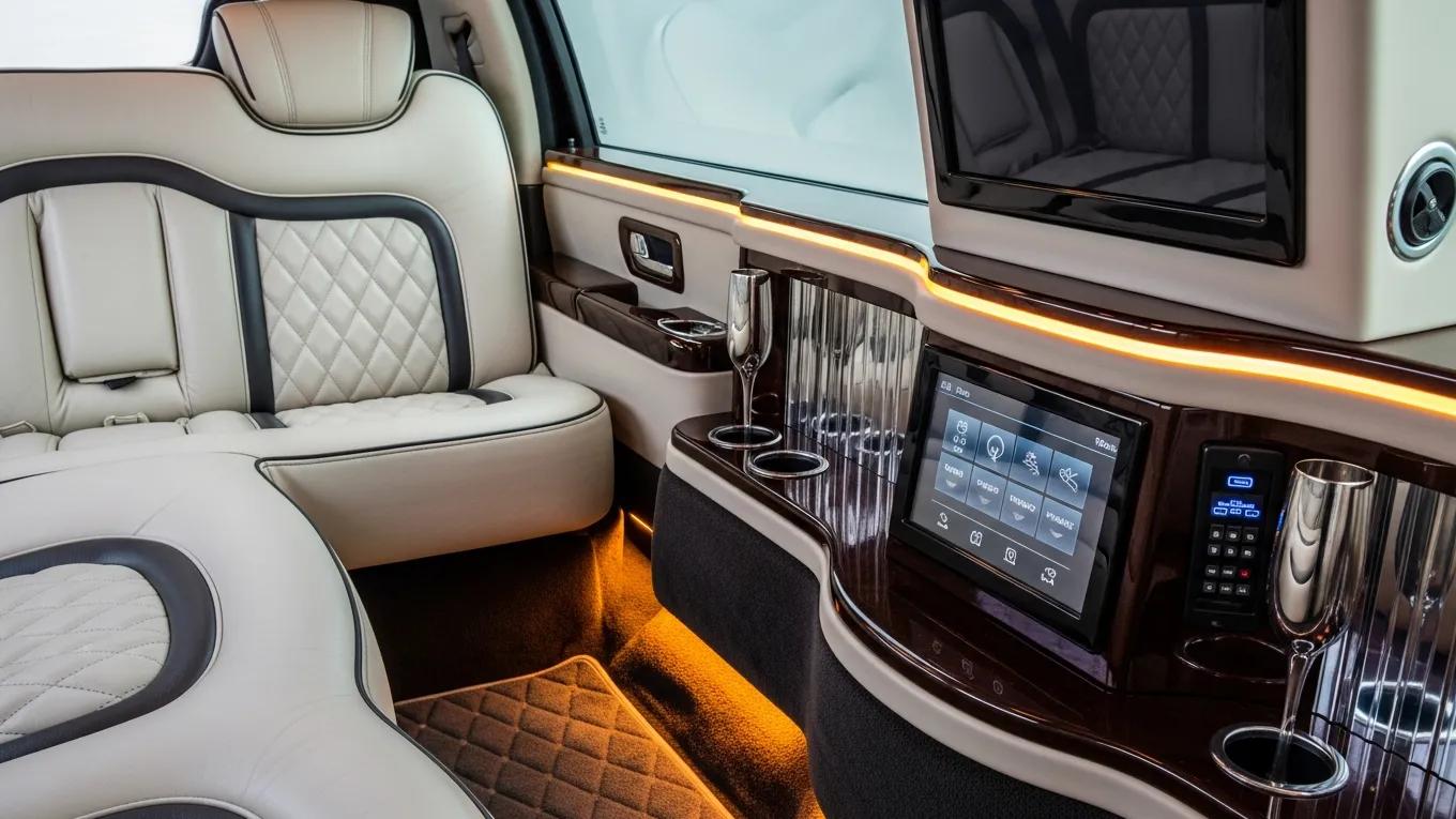 Luxurious interior features of a customized limousine highlighting bespoke design options