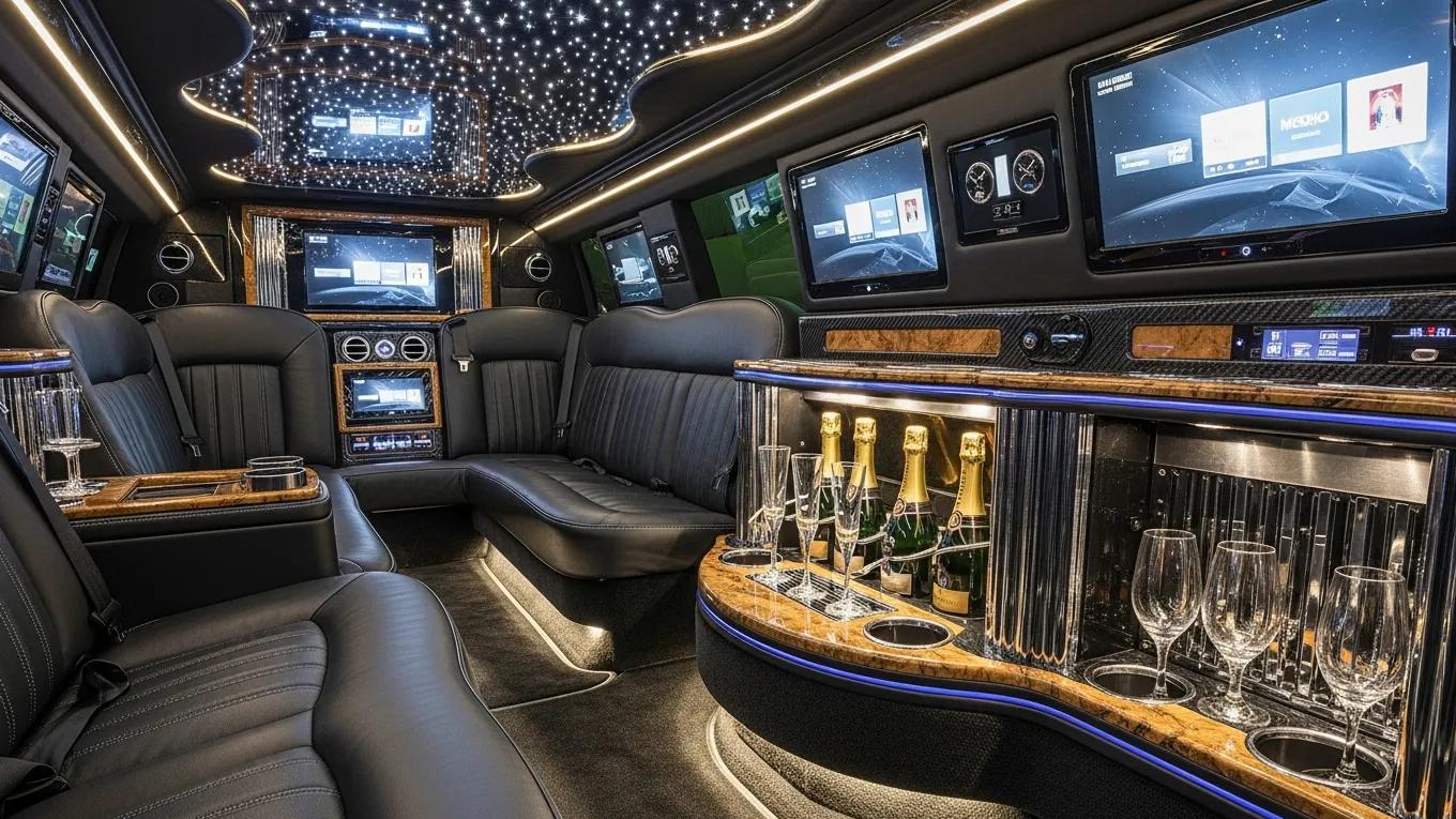 Luxurious interior of an exotic limousine with starlight headliners and premium amenities