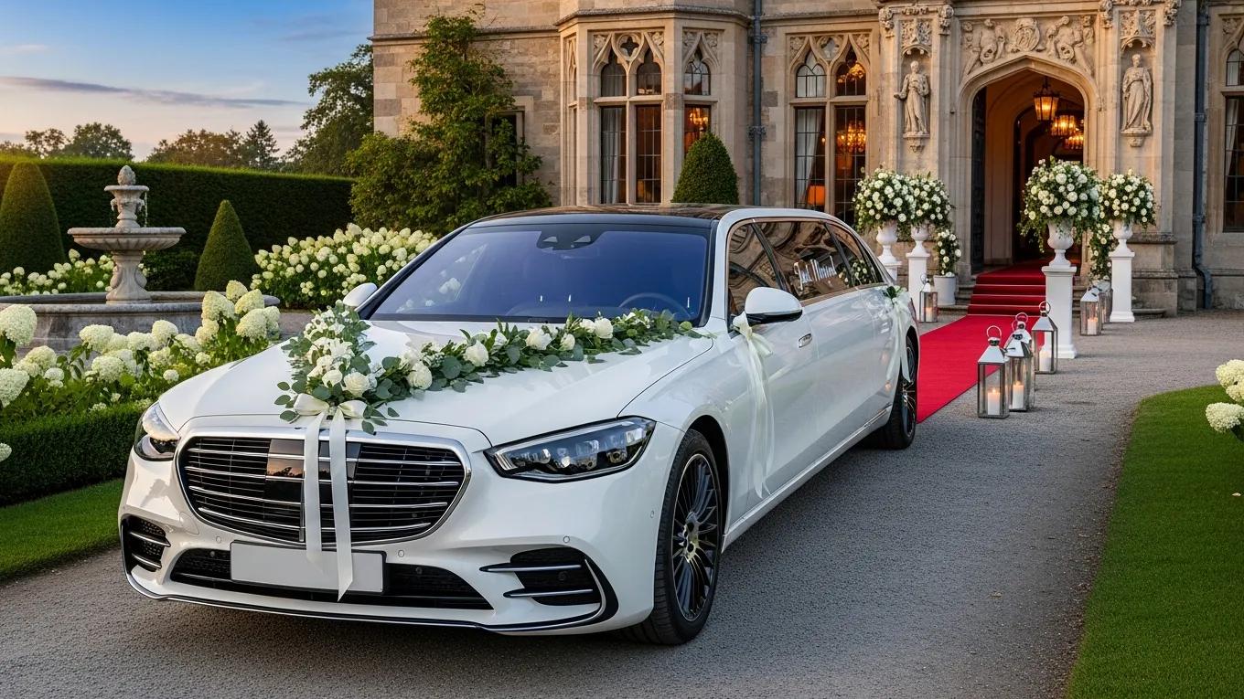 Mercedes‑Benz S‑Class limousine positioned at an upscale wedding venue