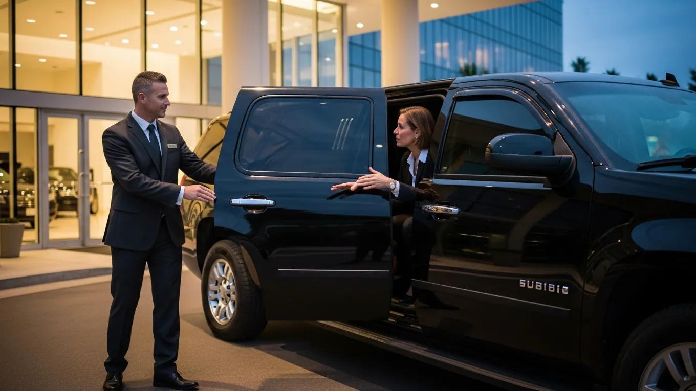 Professional chauffeur opening the door of an armored limousine for an executive passenger