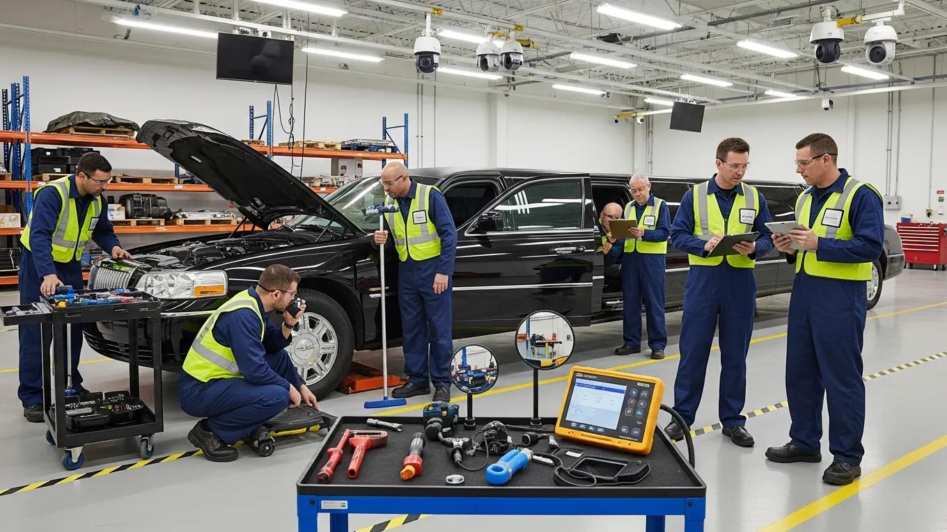 Team inspecting a custom limousine, showcasing secure logistics and safety measures