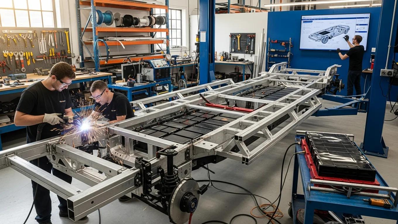 Technicians modifying a Tesla Model S chassis for electric limo conversion, showcasing engineering precision