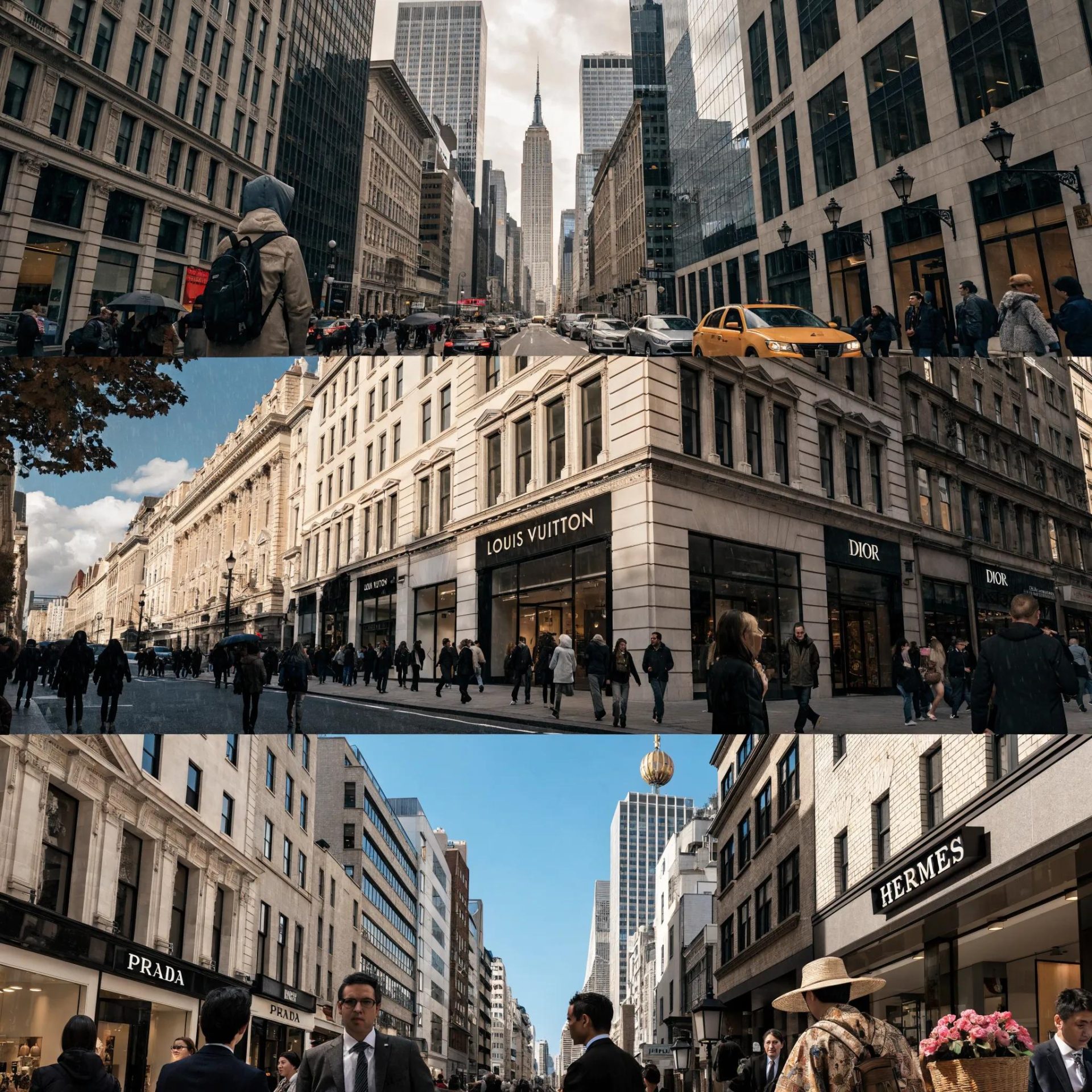Iconic luxury shopping streets representing North America, Europe, and Asia-Pacific markets