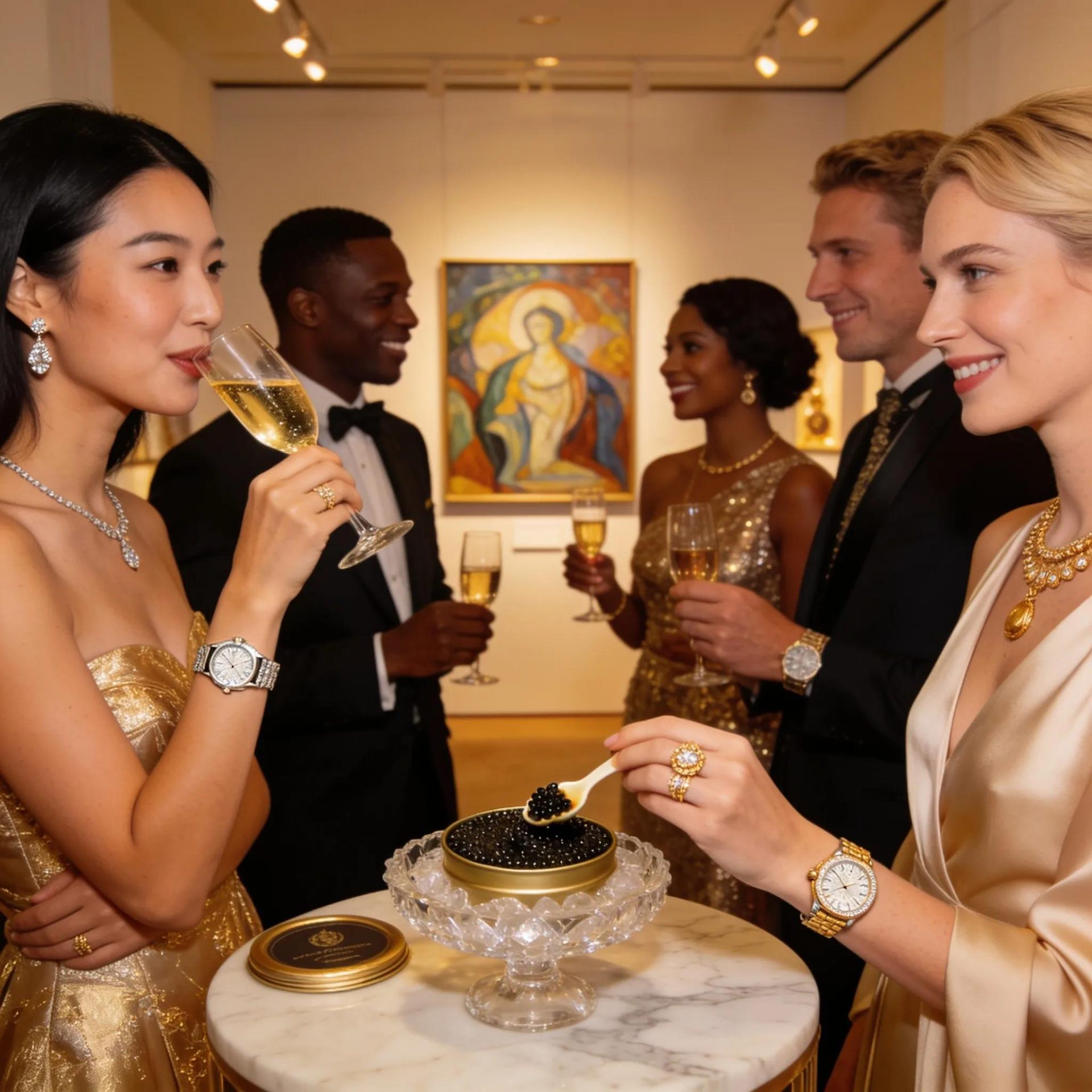 Diverse individuals engaging at a luxury event, showcasing wealth distribution and consumer behavior